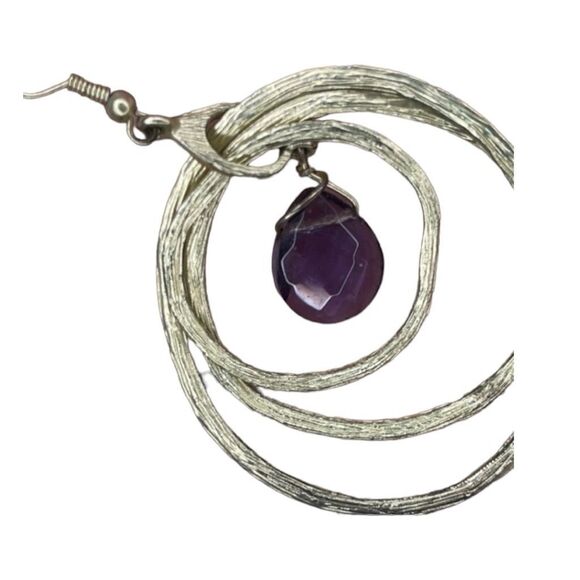 Y2K Vintage Dangled Hoop Earrings Brushed Gold Tone Metal Purple Gemstone - Picture 3 of 3